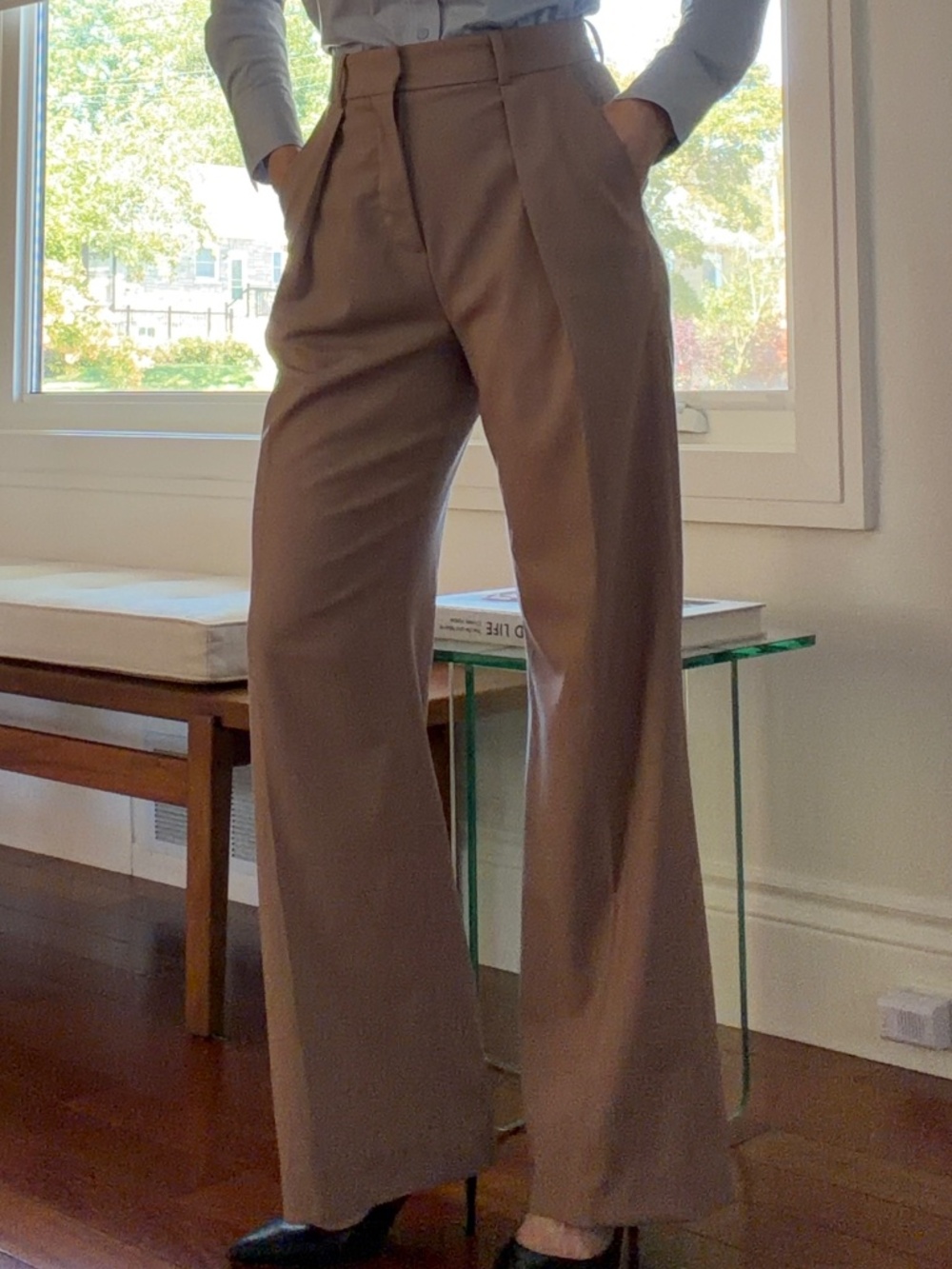 Judith & Charles Taupe Wool High-Rise Pleated Wide Leg Trousers | Size 2